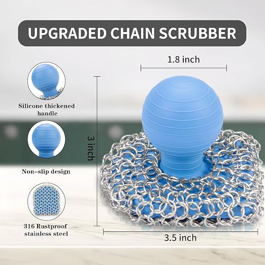 Cast Iron Scrubber with Pan Scraper, 316 Chainmail Scrubber, Upgraded Chain - Image 4