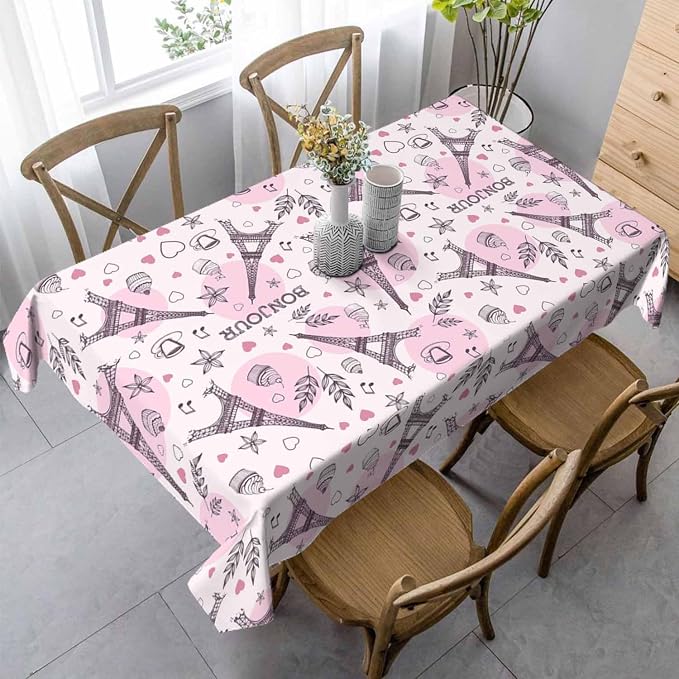 Paris Eiffel Tower Table Cover 52x70 Love Heart Coffee Cake Pink Table Cloth - Image 2