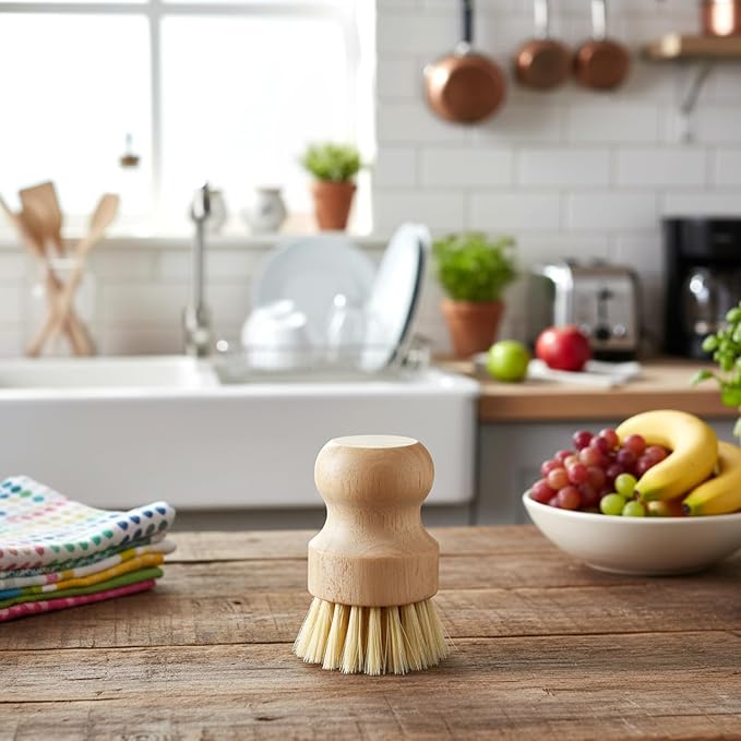 10 Pcs Bamboo Dish Scrub Brush Set, Mini Natural Wooden Scrubbers Set Round - Image 7