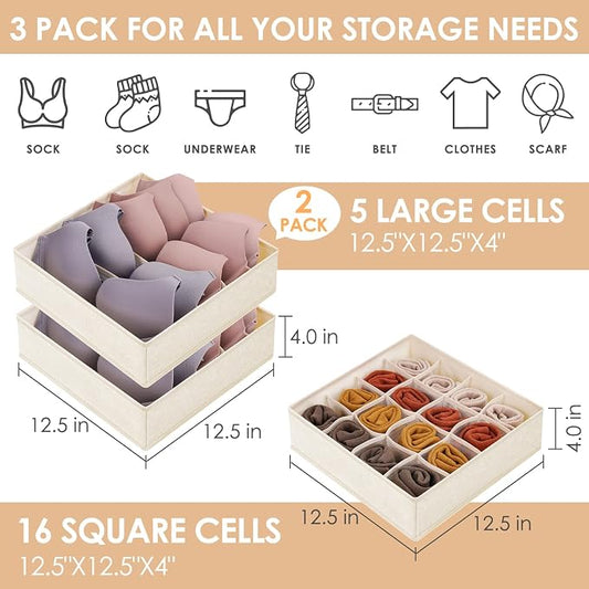3 Pack Bra Underwear Drawer Organizer Dividers, 26 Cell Fabric Foldable Dresser - Image 2