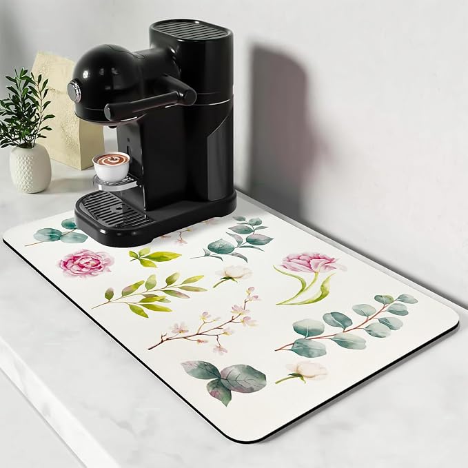 Bloss Drying Mat, Rose Flower Printed Dish Drying Mat by Bloss