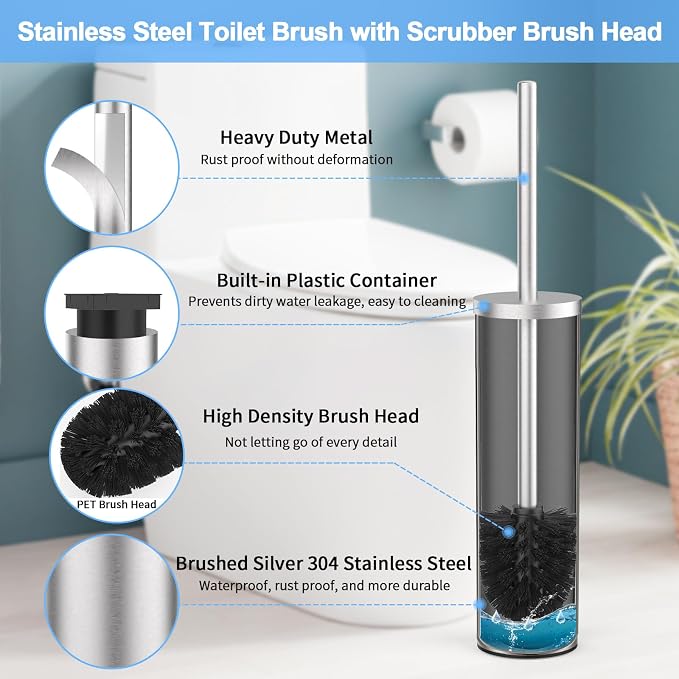 Stainless Steel Toilet Brush and Holder Set Brushed Silver Heavy Duty Toilet - Image 3