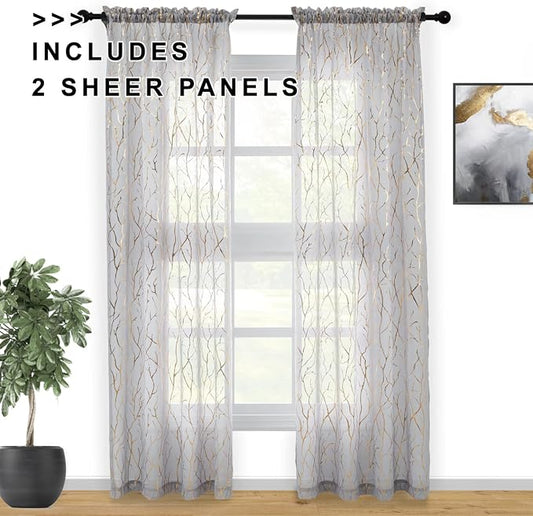 FINECITY Gold Grey Sheer Curtains 84 Inches Long 2 Panels Metallic Gold Foil - Image 2