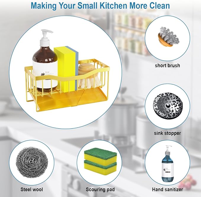 Vanwood Sink Organizer with Auto Draining Tray, Cocina Sponge Caddy and Dish - Image 2