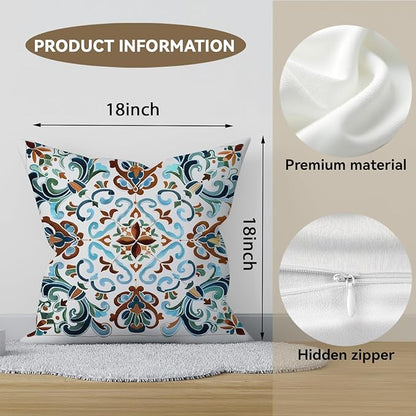 Vintage Boho Floral Print Throw Pillow Cover, Orange, Blue - Retro Rust Floral Decor Pillowcase, Indoor Outdoor Cushion Case for Sofa Couch Bed Living Room Bedroom Home (White&Blue, 18x18inch)