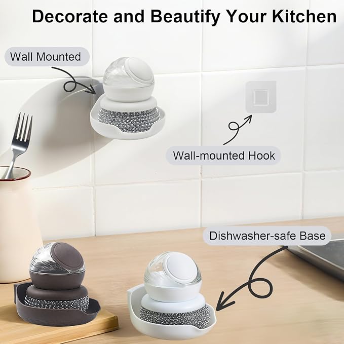 Dish Brush with Soap Dispenser, Steel Wool Scrubber with Replaceable Steel Wool - Image 3