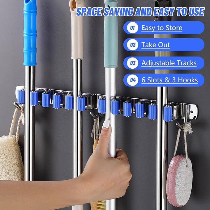 BigKing Mop Broom Holder Wall Mounted, 6 Racks 3 Hooks Heavy Duty Stainless - Image 5
