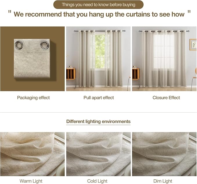 Anmao Flax Linen Curtains for Living Room 108 Inch Length 2 Panels Set, Light Filtering Sheer Window Curtain Drapes for Bedroom with Nickel Grommet, 52 Inch Wide Each Panel, Linen Color