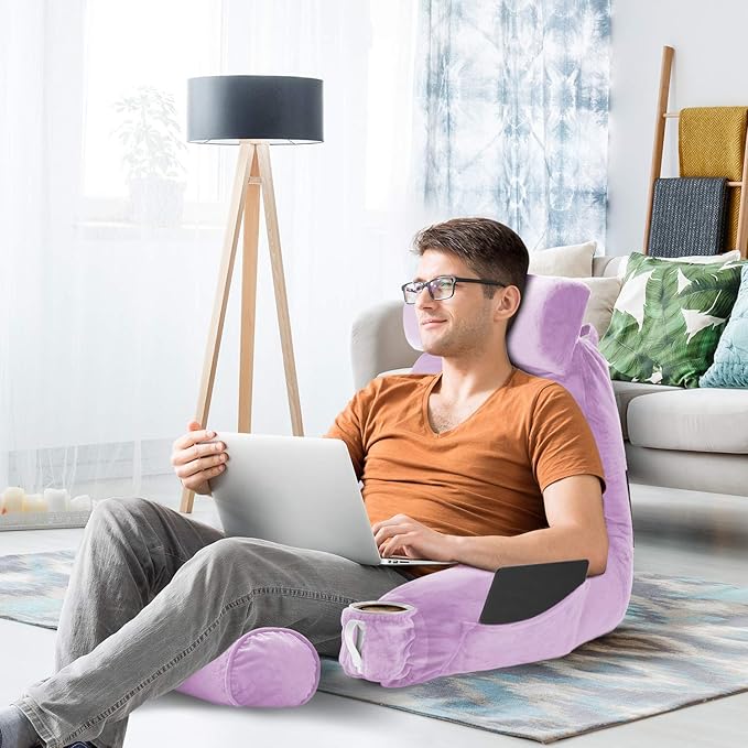 Nestl Reading Pillow with Shredded Memory Foam Includes 2 Neck and Lumber Support Pillows, Designed for Sitting Up in Bed and Couch, Back and Arms Adjustable Support for Adult & Teens, Lavender