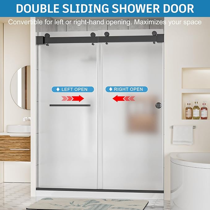 Frameless Shower Door, 56-60" W x 78" H 3/8" Thick Tempered Frosted Glass - Image 2