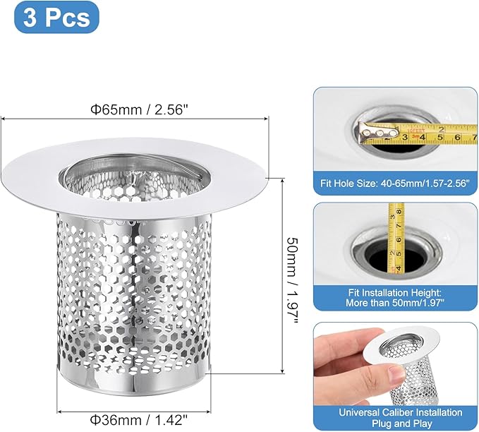 uxcell 3 Pack Shower Drain Strainer, Fit Hole Size from 1.57" to 2.56" - Image 2