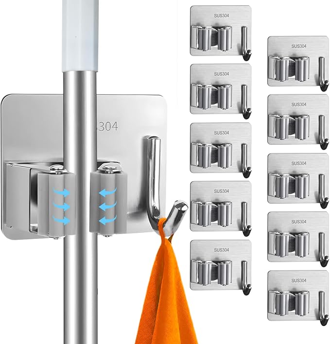 10 Pack Heavy Duty Mop and Broom Holder Wall Mount, No Drill Self Adhesive by Unknown