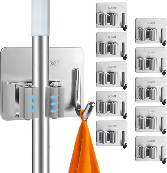 10 Pack Heavy Duty Mop and Broom Holder Wall Mount, No Drill Self Adhesive by Unknown