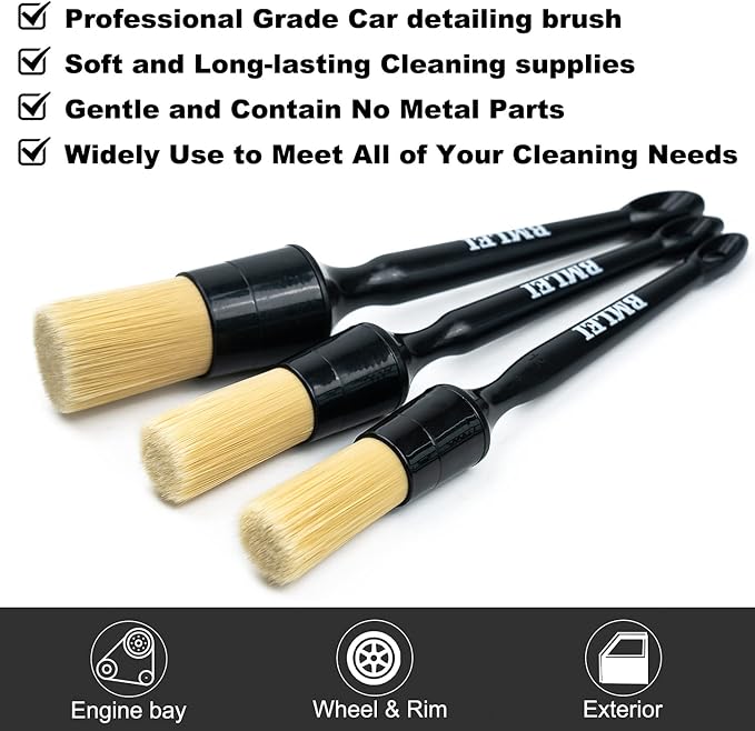 3pcs Car Detailing Brushes Set, Boars Hair Auto Car Detail Brush Kit No Scratch - Image 3