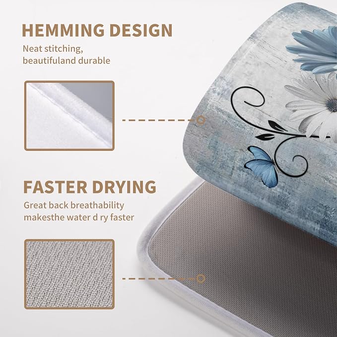 Dish Drying Mat for Kitchen Counter 16x18 Inch Blue Grey Daisy Drying Pads - Image 4