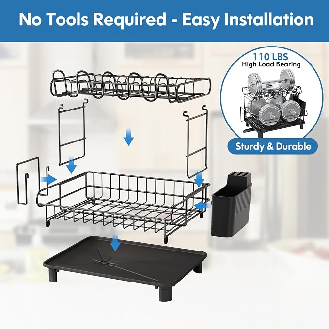 MAJALiS 2 Tier Black Large Stainless Steel Dish Drainers Drying Rack - Image 7