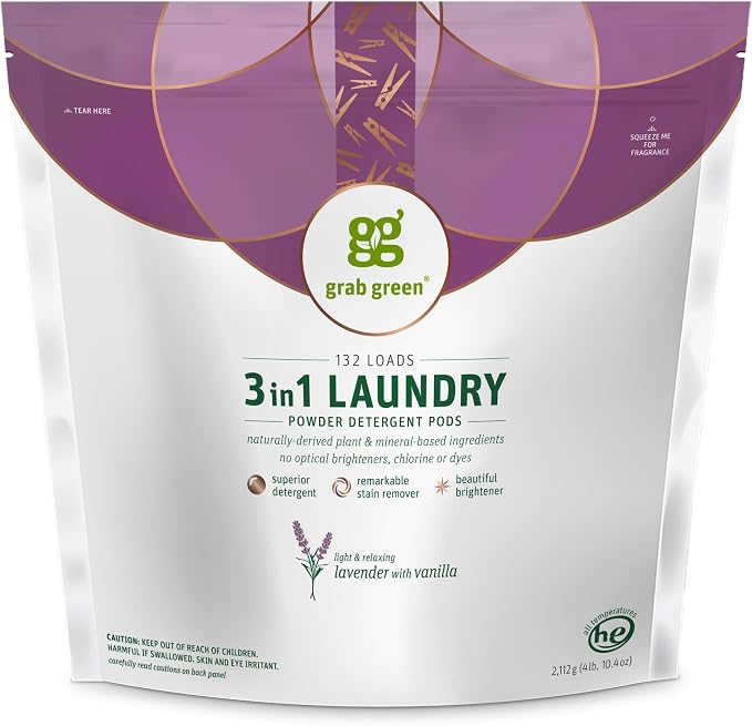 Grab Green 3-in-1 Laundry Detergent Pods, Lavender Vanilla Scent, Plant and by GrabGreen