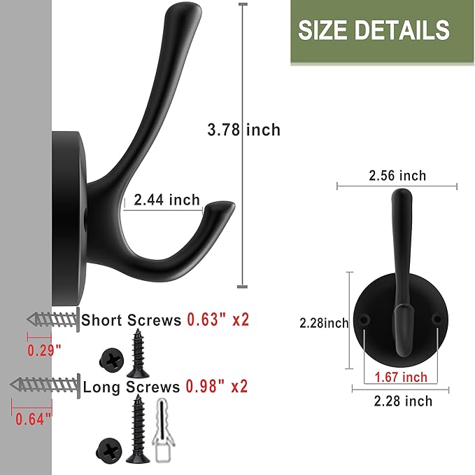 Black Towel Hooks, 2 Pack Coat Robe Hook Heavy Duty Metal Double Bathrobe Hook - Image 8