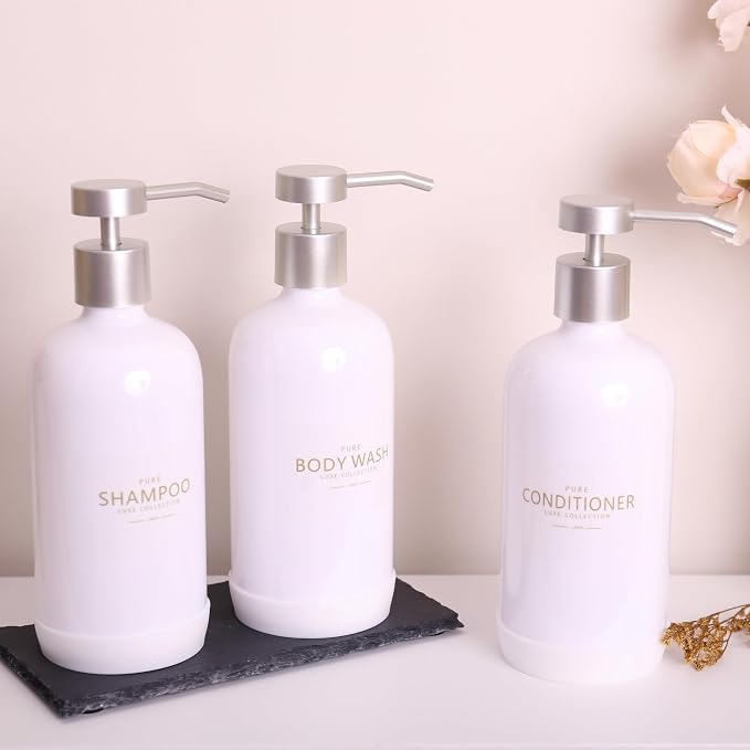 Shampoo and Conditioner Dispenser Set of 3, Refillable 21oz Shampoo Bottles - Image 3