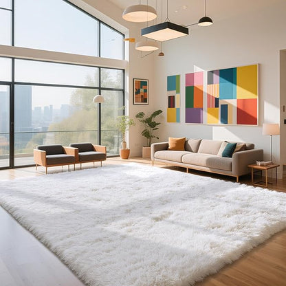 Fluffy Rug Shaggy Area Rug, White 8x10 Area Rugs for Living Room, Large Shag Area Rugs for Bedroom Kids Room Home Decor, Upgrade Anti-Skid Rectangular Fuzzy Rugs