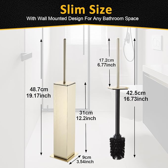 Toilet Brush and Holder Floor Standing, Brushed Gold - Image 3