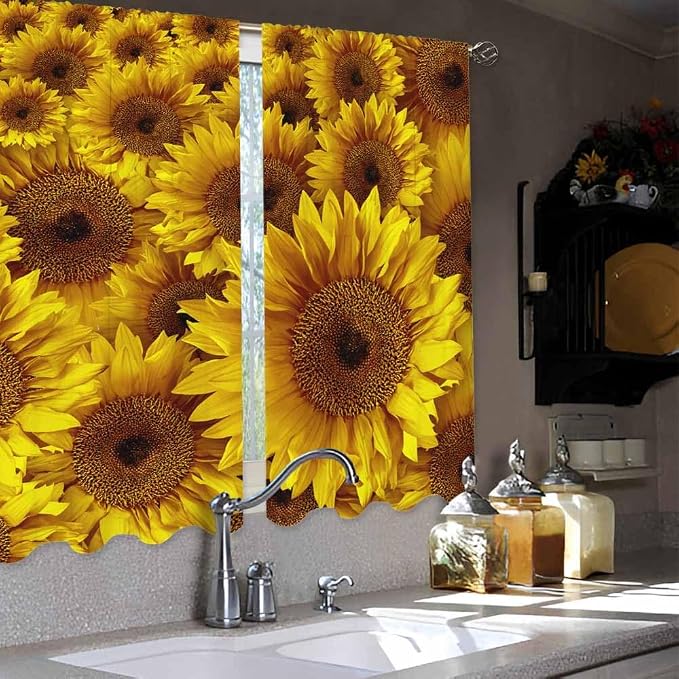 Sunflower Kitchen Curtains Vintage Rustic Grunge Flowers Field Blooms Yellow - Image 4