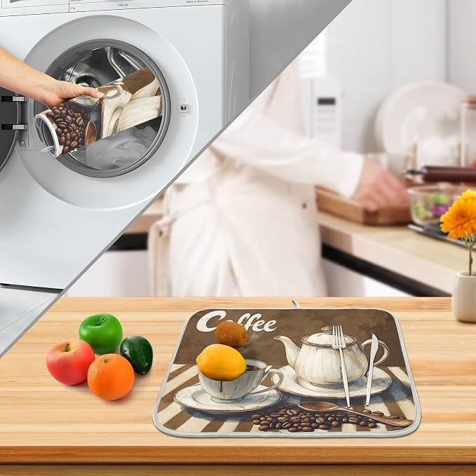Coffee Themed Dish Drying Mat for Kitchen Counter Absorbent Microfiber Large - Image 4