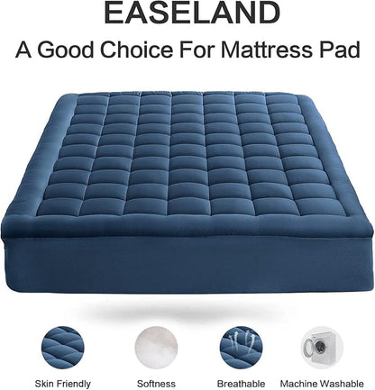 EASELAND Full Size Mattress Pad Pillow Top Mattress Cover Quilted Fitted Mattress Protector 8-21" Deep Pocket Cooling Mattress Topper (54x75 Inches, Dark Blue)