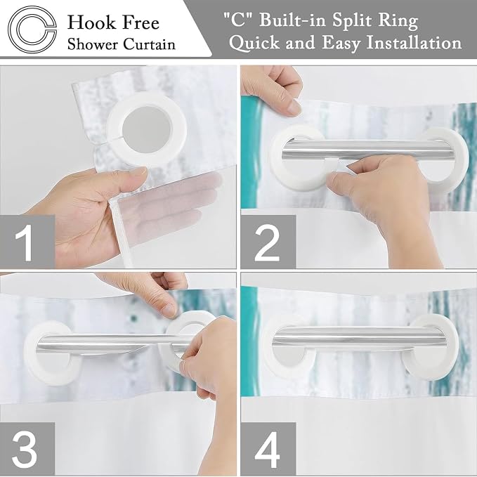No Hook Shower Curtain with Snap in Liner, Hotel Style Blue White Mix Gold - Image 5