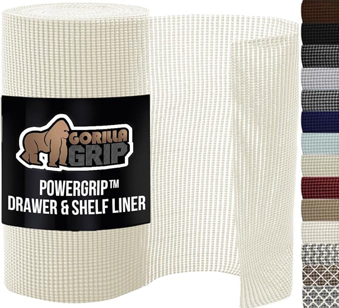 GORILLA GRIP powerGRIP Drawer Shelf and Cabinet Liner, Thick Strong Hold, Non-Adhesive Liners Protect Kitchen Cabinets and Cupboard, Bathroom Drawers, Easy Install, Breathable Mat, 17.5" x10', White