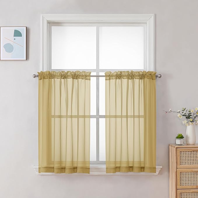 Chyhomenyc Sheer Gold Kitchen Tier Curtains 24 Inch Length Set, Small Window by Chyhomenyc