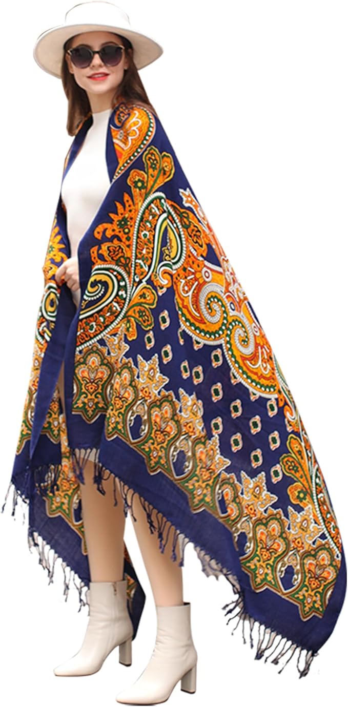 DANA XU 100% Merino Wool Pashmina Shawl for Women 96"x43", Oversized Cashmere Wrap with Tassels, Floral Travel Blanket Cape