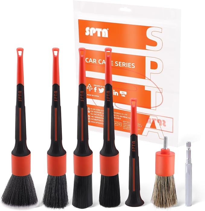 SPTA Car Detailing Brush Set, 5 Pack V2.0 Soft Boar Hair Auto Detail Brush Kit by SPTA