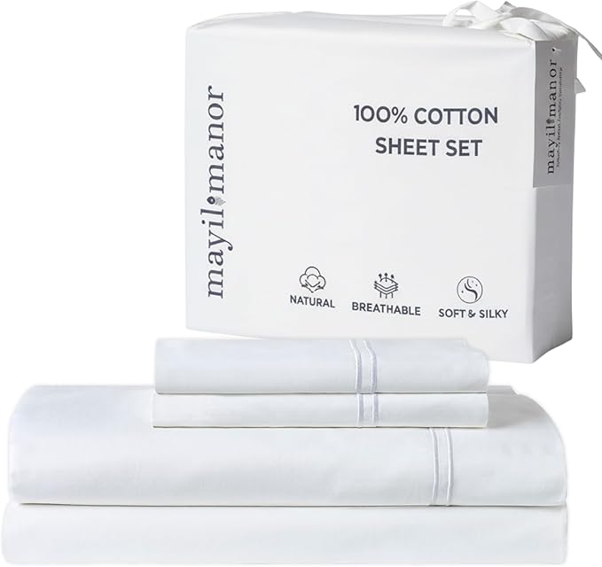 100% Natural Cotton Bed Sheets | 500 TC Single-Ply Sateen Weave King Size Sheets Set | Breathable & Hypoallergenic Solid 4-Piece Bedding with Deep Pocket Fitted, Flat, Pillowcase | White