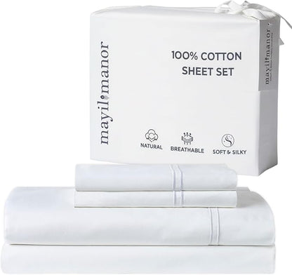 100% Natural Cotton Bed Sheets | 500 TC Single-Ply Sateen Weave King Size Sheets Set | Breathable & Hypoallergenic Solid 4-Piece Bedding with Deep Pocket Fitted, Flat, Pillowcase | White