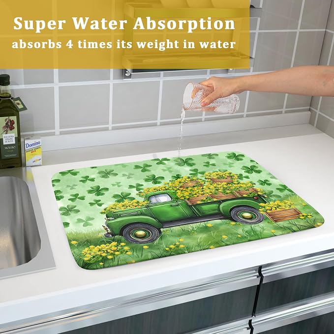 Green Holiday Dish Drying Mat Lucky Clover Truck Drying Mat - Image 7