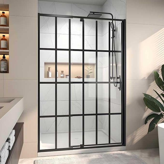44-48" W x 71" H Pivot Glass Shower Door, Grid Pattern, 1/4" Thick SGCC - Image 3