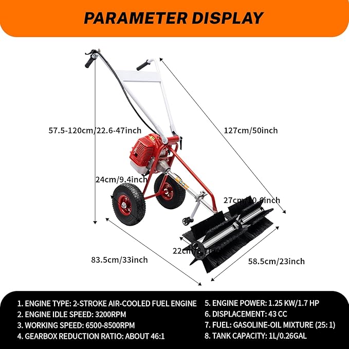 43cc 2-Stroke 1.7hp Portable Gas Power Held Sweeper Broom, 1250w Cleaning - Image 5