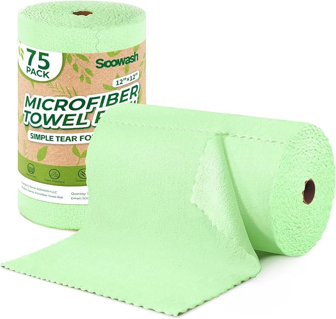 Microfiber Cleaning Cloths Roll, 75 Pack Tear Away Microfiber Towels Roll by SOOWASH