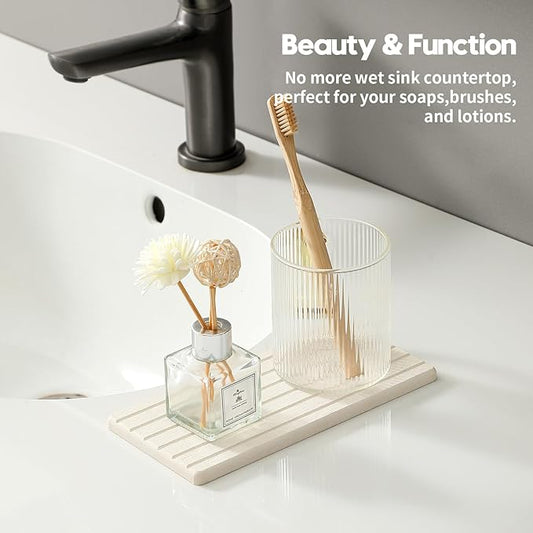 2 Pack Greige Bathroom Sink Vanity Trays, Diatomite Stone Kitchen Counter Caddy - Image 2