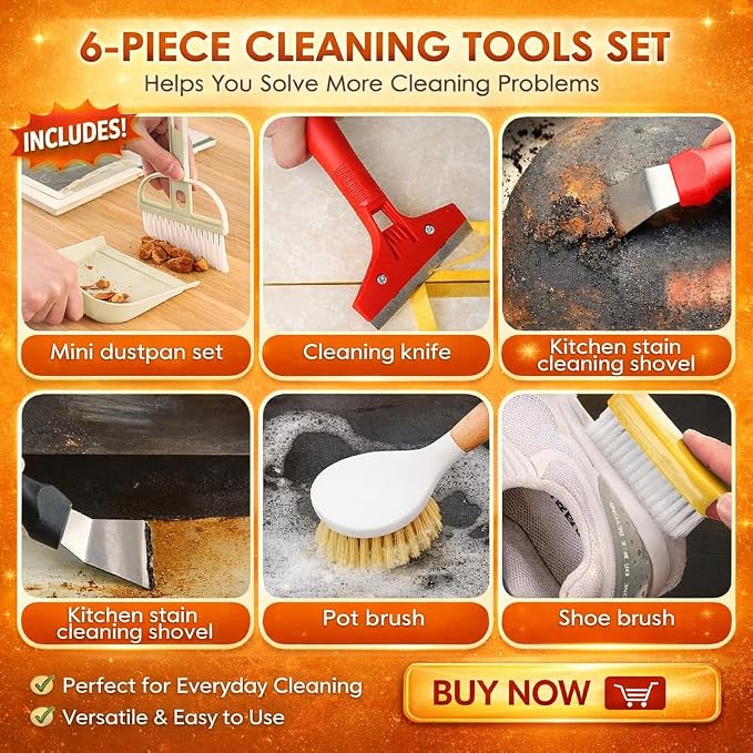 Broom and Dustpan Set with Long Handle and 6 Bonus Cleaning Tools, Upright - Image 3