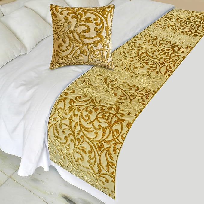 The HomeCentric King/Queen/Twin Beige Gold Decorative Bed Runner Full 68"x18" Bed Runner with One Pillow Cover, Cut Velvet, Beaded Bed Scarf on Velvet Fabric - Serene Symphony