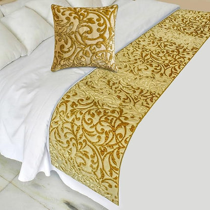 The HomeCentric King/Queen/Twin Beige Gold Decorative Bed Runner Full 68"x18" Bed Runner with One Pillow Cover, Cut Velvet, Beaded Bed Scarf on Velvet Fabric - Serene Symphony