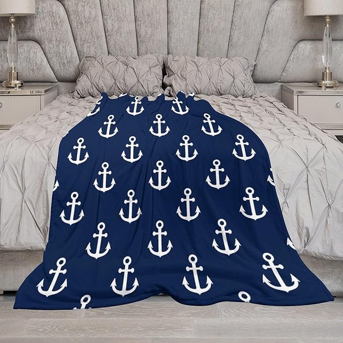 Anchor Blanket Vintage Rustic Ocean Nautical Style Navy Blue White Soft Cozy Lightweight Throw Blanket for Kids Girls Boys Women Men Bedroom Living Room Dorm Chair Sofa Travel 50x60in