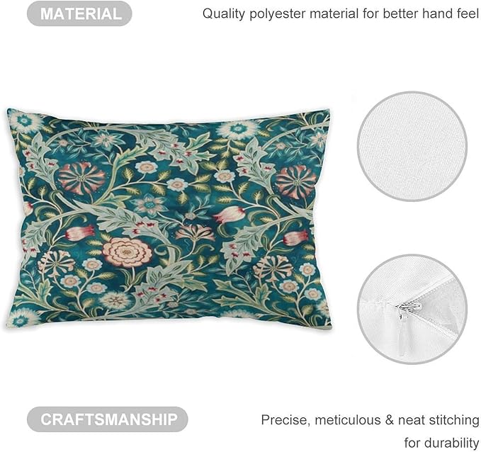 Teal Green Blue Vintage Floral Botanical William Morris Throw Pillow Covers 12x20 Inch Aesthetic Pillow Velvet Decorative Pillowcase Home Decor Living Room Cushion Case for Bed Sofa Couch