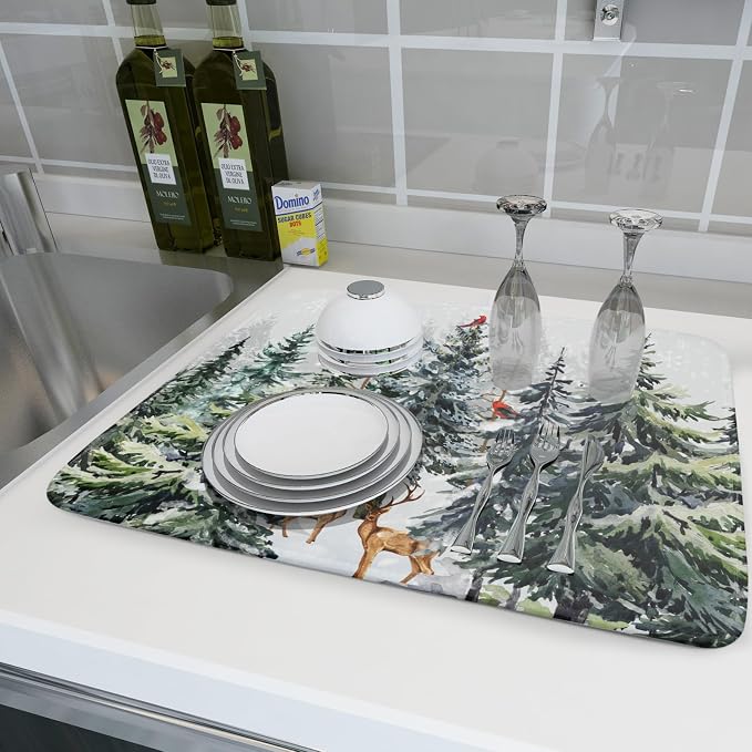 Pine Tree Dish Drying Mat for Kitchen Counter 18x24 Inch Forest Deer Absorbent - Image 6