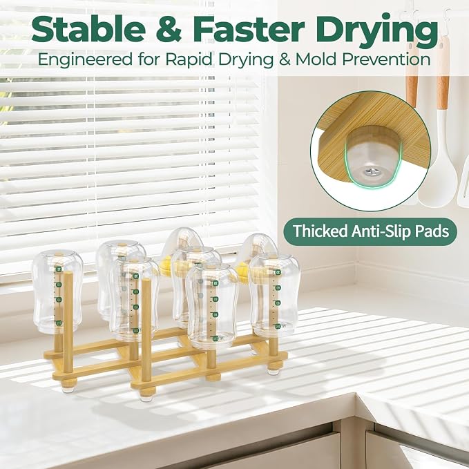 EsLuker.ly Baby Bottle Drying Rack Bamboo Vertical Dryer Holder, Foldable Space - Image 4