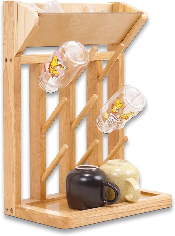 Natural Vertical Bottle Drying Rack Rubber Wood 9 Hooks, Use by Nabytok