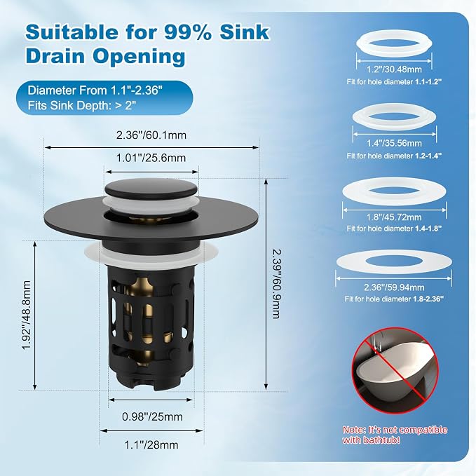 Hibbent Universal Bathroom Sink Drain Strainer, Upgraded 3 in 1 Pop Up Stopper - Image 8