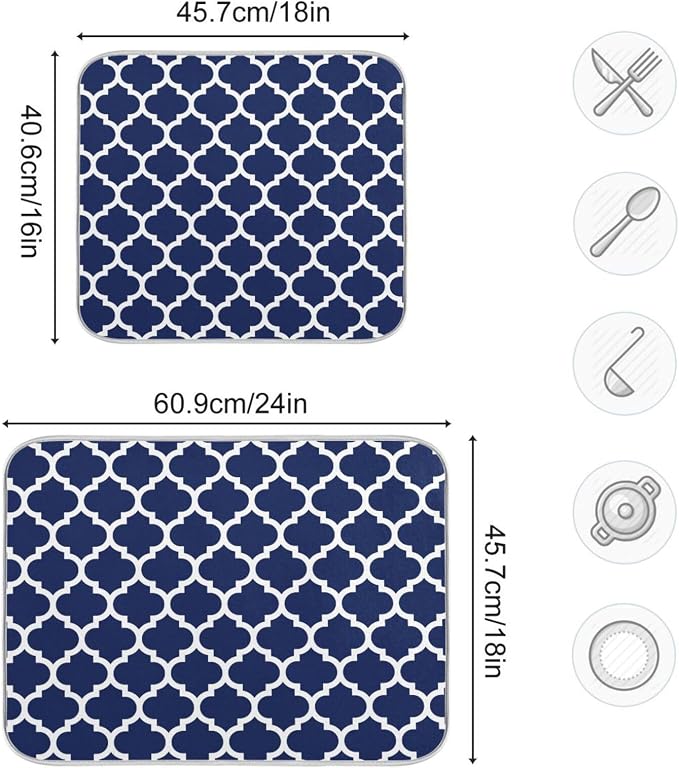 Navy Blue Trellis Lattice Dish Drying Mat - Image 3